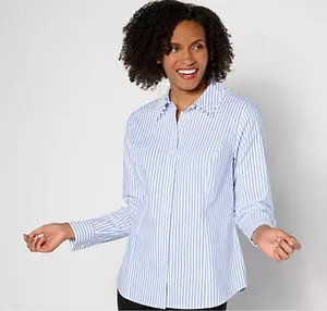 BEAUTIFUL by Lawrence Zarian Shirt Womens Medium Blue Stripe Pearl Button Top thumbnail 1