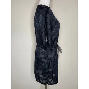 Vintage Black Satin Robe Floral Semisheer Fabric Sz Medium Dressing Gown thumbnail 4