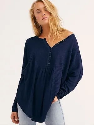 Free People Leo Henley Waffle Knit Thermal in Navy thumbnail 1