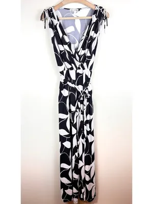 Lola + Kenni Black White Floral Wide Leg Wrap Jumpsuit Size L Belted Resort thumbnail 2