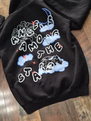Angels Among The Stars Graphic Black Hoodie - Angels & Clouds Design Medium Cott thumbnail 3