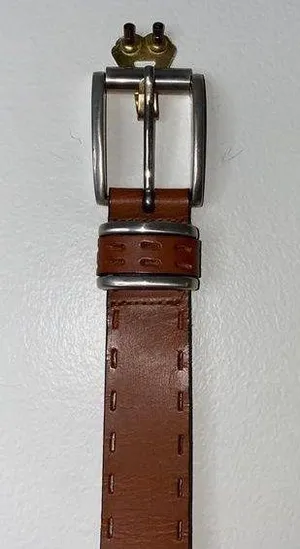Brown Leather Belt with Silver Brass Buckle Embroidered Stitched edging 32 thumbnail 1
