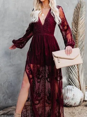 Mesh Lace Overlay Long Sleeve Maxi Dress Maroon Large thumbnail 1