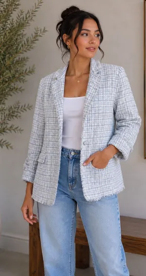 Maison d’Amélie Women’s Blue & White Tweed Blazer Wool Blend. Size: 6 thumbnail 1