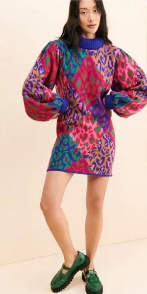 The Farm Rio Mixed Leopard Pop Sweater Oversized Dress Wool Blend Sz S thumbnail 1