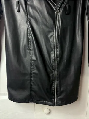 PrettyLittleThing Black Faux Leather Long Moto Jacket Padded Shoulders 12 Large thumbnail 5