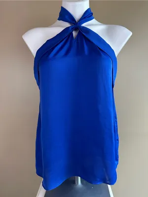 Naked Zebra Royal Blue Satin Halter Top Medium Tie Neck Keyhole Blouse Silky thumbnail 1