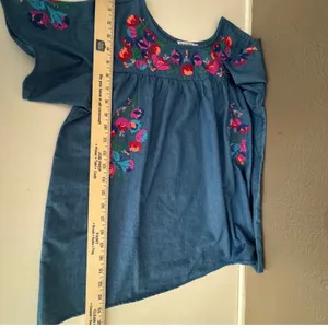 Blue Chambray Floral Embroidered Babydoll Blouse Artsy Boho Folkcore Grandmacore thumbnail 10