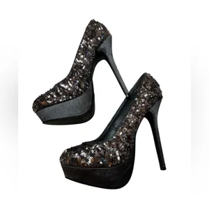 New in Box Shimmer Diva SM New York Women's Sequin Black & Silver Stiletto Pumps thumbnail 4