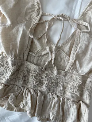 Cream Linen Blend Puff-Sleeve Cropped Peplum Top thumbnail 5