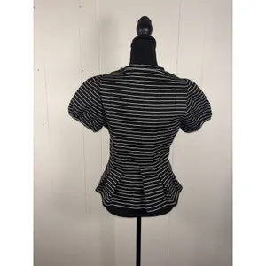 Maeve Anthropologie Corset Peplum Top Black White Stripe‎ Puff Sleeve Size Small thumbnail 2
