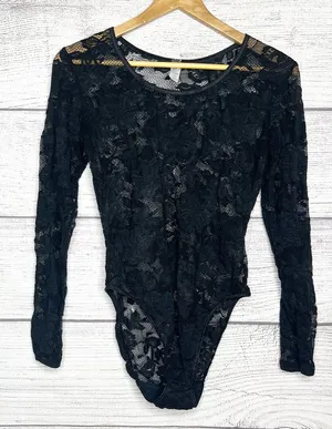 Victoria’s Secret Sheer Black Floral Lace Long Sleeve Bodysuit Size Medium thumbnail 1