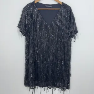 Zara Black Sequin Fringe Flapper 20s‎ Short Sleeve V Neck Mini Dress Party thumbnail 2