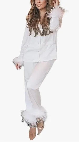 Amazon White Feather Trim Pajama Set thumbnail 1