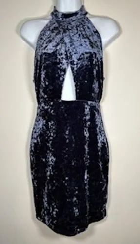 LUSH Crushed Velvet Mini Dress Small Blue Cutout Halter Mock Neck Bodycon Glam‎ thumbnail 1