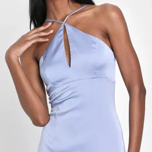 NWT LULU’S Lustrous Love Dusty Blue Satin Halter Cutout Mermaid Maxi Dress Large thumbnail 3