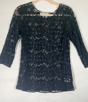 Maurice Black Lace Sheer‎ Women Tunic Top 3/4 Sleeve Layering Boho Chic M thumbnail 1