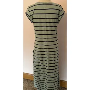 Toad & Co‎ Samba Muse Dress Green W/Navy Stripe Organic Cotton Travel Midi Med thumbnail 2