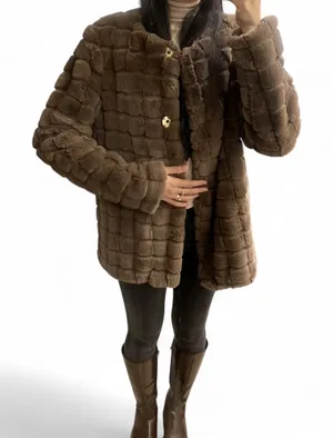 Chocolate Brown Faux Fur Grid Coat – Soft Plush Jacket, Size XS, Elegant & Cozy thumbnail 1