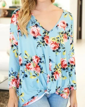 White Birch Medium Dusty‎ Blue Floral Print Long Sleeve Twist Front Top NWOT thumbnail 1