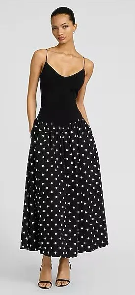 Express Polka Dot Mixed Media V-Neck Drop Waist Midi Dress like new thumbnail 1