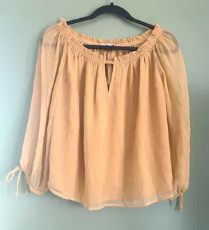 Loft NWT Beige Sheer Chiffon Peasant Blouse M Ruffle Boat Neck 3/4 Bell Sleeve thumbnail 1
