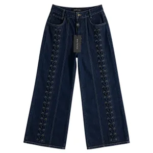 NWT White Fox Serenity Mid / High Rise Lace Up Wide Leg Dark Wash Denim XS Y2K thumbnail 10