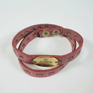 Fendi Pink Leather Selleria Wrap Bracelet 7in Gold Tone Logo Snap Designer thumbnail 2