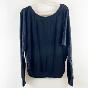 Free People Santa Clara Thermal Waffle Long Sleeve V Neck Top Shirt Black Small thumbnail 2