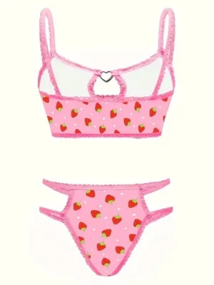 Pink Strawberry Heart Cutout Lingerie Set Bralette & High-Cut Panty NWT Size L thumbnail 2