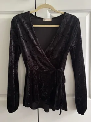 Velvet Wrap Tie Blouse - Black🖤 thumbnail 1