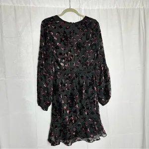 Wayf Black Crushed Velvet Floral Print V Neck‎ Long Sleeve Mini Dress Small thumbnail 2