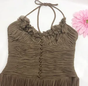 BCBGMaxAzria Halter Pleated Embellished Silk Blend Ruffle Dress thumbnail 3