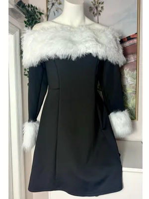 Womens Black Off Shoulder Faux Fur Trim Mini Dress Size XL Fit Flare Long Sleeve thumbnail 2
