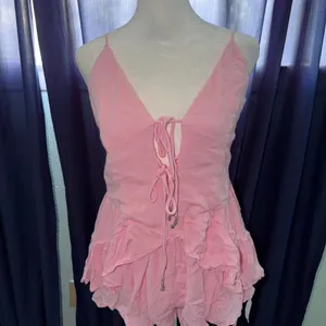 Free People Brielle Playsuit Smocked Slim V Neck Straps Ruffle Tie Romper S NWOT thumbnail 2