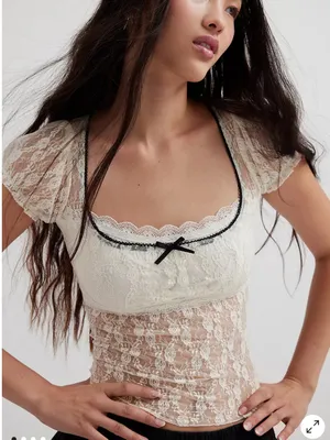 Women’s Sz Medium Short Sleeve Blouse White Lace Black Trim Bow Scoop Neck Sheer thumbnail 1