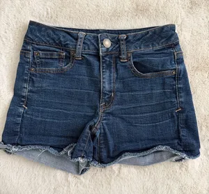 American Eagle Outfitters Dark Blue Denim Frayed-Hem Jean Shorts thumbnail 1