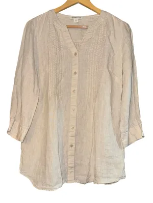 Coldwater Creek 100% Linen Tan Cream‎ Button Up Top Small Pintuck Lightweight thumbnail 1