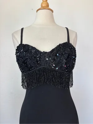 Vintage Black Beaded Fringe Mini Bodycon Dress thumbnail 2