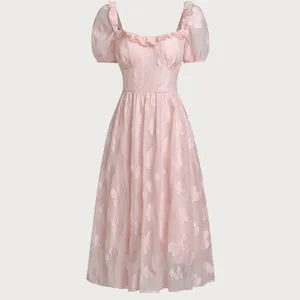 Rihoas Pink Square Neck Puffed Sleeve Midi Dress thumbnail 6