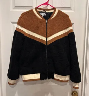 Time for Me Sherpa Colorblock Bomber Jacket‎ Womens Size L Cozy Teddy Fleece thumbnail 1
