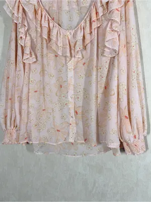 Free People Women’s Cherry Bright Blouse Top Ruffle Neck Sheer in Floral Peach M thumbnail 4