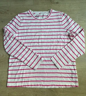EUC J.Crew T-Shirt Scoop Neck Long Sleeve Girlfriend Tee striped pink white sz L thumbnail 1