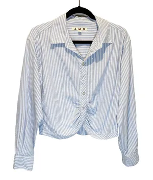 AMO Striped Linen Blend Cropped Long Sleeve Button Down Shirt - size Small thumbnail 1