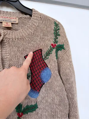 Vintage Cotton Knit Christmas Sweater Patchwork Unique Medium Button Cardigan Red thumbnail 5
