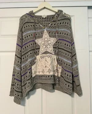 POL Crochet Open Knit Hoodie Gray Boho Mesh Sweater Cottagecore Granola Bohemian thumbnail 1