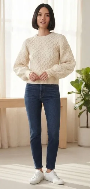 West of Melrose‎ Cream Cable Knit Balloon Sleeve Sweater Ivory XS Honeycomb thumbnail 1