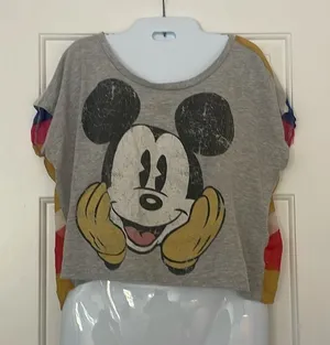🩷 3/$18 Disney Mickey Mouse colorblock midriff crop top gray colorful thumbnail 1