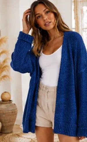 Free People High Hopes Cozy Open-Front Blue Knit Cardigan Sweater Size Small thumbnail 1