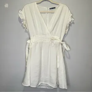 🍁 Zara Ruffle V-neck Mini Dress‎ Cinched Waist Ties White Small thumbnail 2